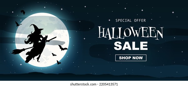 Halloween promo sale banner. Silhouette of a witch flying on a broomstick across full moon, bats, clouds. Template for vouchers, offers, coupons, holiday sales, Halloween discounts