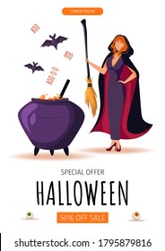 Halloween promo sale banner with Witch with broom, cauldron, bats flying around. A4 vector illustration for poster, banner, discount, special offer, commercial.