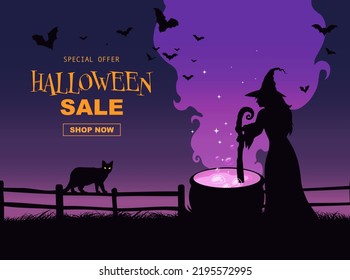 Halloween promo sale banner, witch brewing potion in cauldron, flying bats, sale template