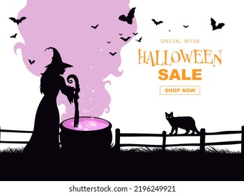 Halloween promo sale banner, witch brewing potion in cauldron, flying bats