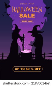 Halloween promo sale flyer with Halloween elements. Witches brew potion in cauldron, flying bats Vector illustration for poster, banner, discount, special offer.