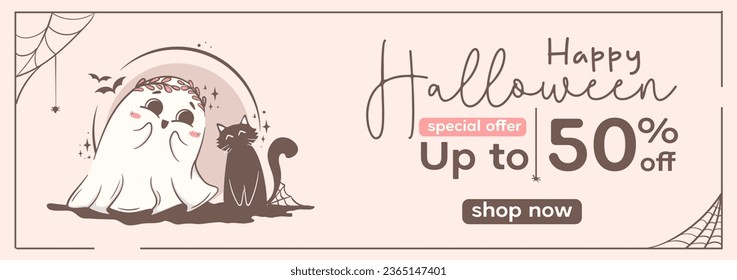 Halloween promo sale web banner template with cute kawaii ghost and cat. Brochure, flyer, discount, special offer with calligraphic text. Halloween character vector illustration in pink retro colors