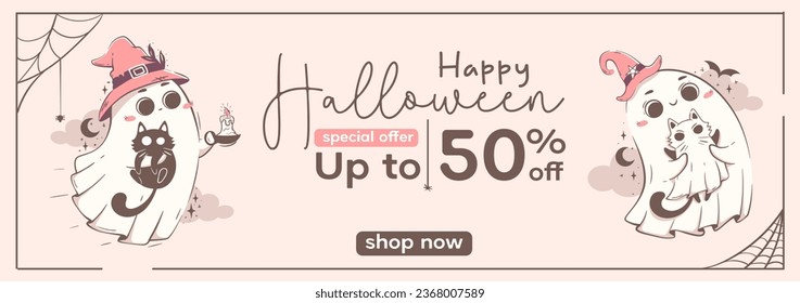 Halloween promo sale de la plantilla de banner web con el lindo fantasma kawaii. Folleto, volante, descuento, oferta especial con texto caligráfico. Ilustración vectorial de carácter de Halloween en colores retro rosados.