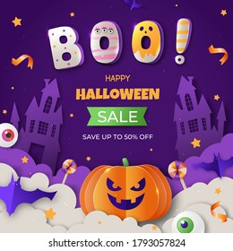 Halloween Promotion Banner With Cutest Pumpkins, Bats And Candy In Night Clouds