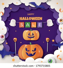 Halloween promotion banner with cutest pumpkins, bats and candy in night clouds