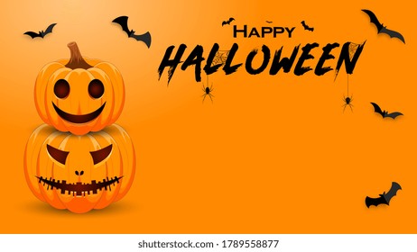 Halloween promotion banner with pumpkin, bats and spider. Vector illustration.