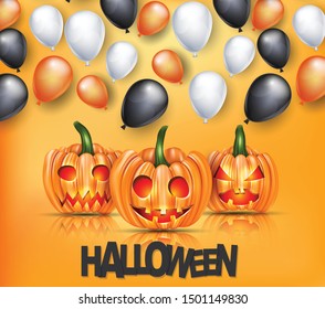 Halloween promotion design page with orange pumpkins and helium balloons. Realistic vector illustration.