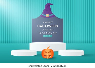 Halloween promotion display banner. Gravestone, witch hat and scary pumpkin on green background. Abstract 3D promotion mockup podium for product display presentation.