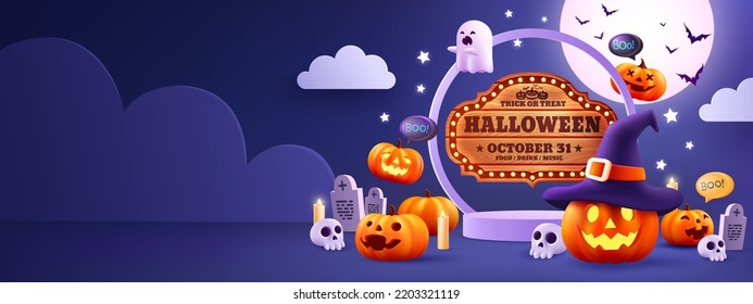 Afiche de promoción de Halloween o plantilla de banner con elementos de calabaza de halloween, Sombrero asistente y halloween.Plantilla de portada o banderín del sitio web