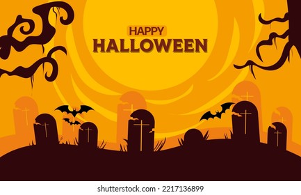 Halloween Promotion poster or banner template. Halloween night seen with big moon, Pumpkin ghost, Witch Hat, cute ghost, cartoon skull and halloween elements. Spooky website or banner template