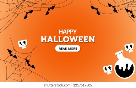 Halloween Promotion poster or banner template. Halloween night seen with big moon, Pumpkin ghost, Witch Hat, cute ghost, cartoon skull and halloween elements. Spooky website or banner template