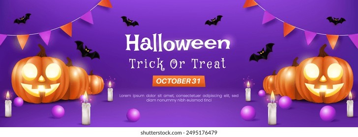 Halloween Promotion Poster or Banner Template. Features Cute Pumpkin, Candle, and Bat Elements. Perfect for Spooky Websites or Banners. EPS 10 Format.