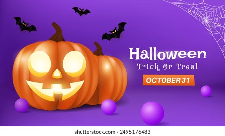 Halloween Promotion Poster or Banner Template. Features Cute Pumpkin, Candle, and Bat Elements. Perfect for Spooky Websites or Banners. EPS 10 Format.