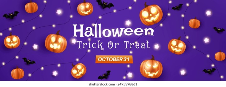 Halloween Promotion Poster or Banner Template. Features Cute Pumpkin, Candle, and Bat Elements. Perfect for Spooky Websites or Banners. EPS 10 Format.