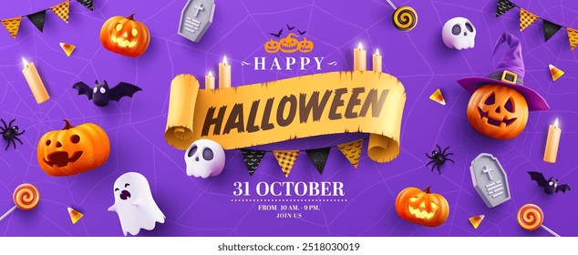 Promoção de Halloween Poster ou banner template com abóbora halloween, Chapéu Bruxa, Fantasmas, morcegos, caveiras, doces, velas e decorações festivas.Perfeito para halloween Truque ou Treat, Site assustador ou banner