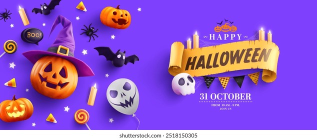 Promoção de Halloween Poster ou banner template com abóbora halloween, Chapéu Bruxa, Fantasmas, morcegos, caveiras, doces, velas e decorações festivas.Perfeito para halloween Truque ou Treat, Site assustador ou banner