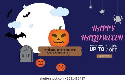 Halloween promotion poster or banner template vector design with pumpkin, bat, spider and scary decoration theme. Up to 50% discount for Halloween celebration on dark night sky background. eps 10