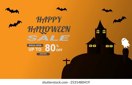 Cartaz de promoção de Halloween ou design vetorial modelo de banner com tema de decoração de abóbora, fantasma e assustador. Descontos até 80% para celebrações de Halloween em um fundo de céu escuro laranja noite. eps 10