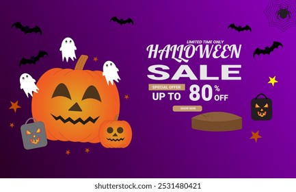 Halloween promotion poster or banner template vector design with pumpkin, bat, ghost, spider and scary decoration theme. Up to 80% discount for Halloween celebration on dark night sky background.