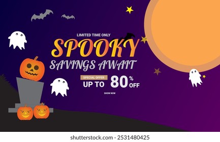 Halloween promotion poster or banner template vector design with pumpkin, bat, ghost and scary decoration theme. Up to 80% discount for Halloween celebration on dark night sky background. eps 10