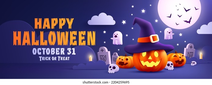 Halloween Promotion Poster or banner template.Halloween night seen with big Moon, Pumpkin ghost,Wizard Hat,cute ghost,cartoon skull and halloween elements. Website spooky or banner template