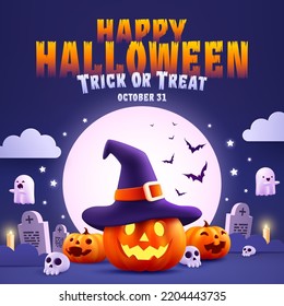 Halloween Promotion Poster or banner template.Halloween night seen with big Moon, Pumpkin ghost,Wizard Hat,cute ghost,cartoon skull and halloween elements. Website spooky or banner template