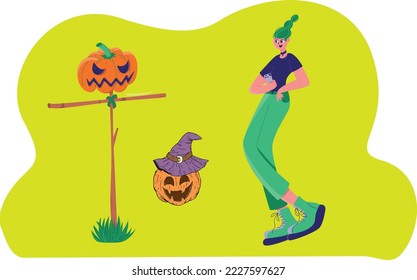Halloween Promotion Poster or banner template.Halloween night seen with big Moon, Pumpkin ghost,Wizard Hat,cute ghost,cartoon skull and halloween elements. Website spooky or banner template