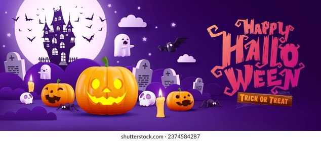 Halloween Promotion Poster oder Bannervorlage.Halloween Nacht mit dem großen Mond, Kürbiskerngespenst, süßem Geist, Cartoon Skull und Halloween Elemente gesehen. Website-Spooky oder Banner-Vorlage.Vektorgrafik