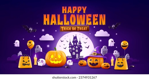 Halloween Promotion Poster or banner template.Halloween night seen with big Moon, Pumpkin ghost,Wizard Hat,cute ghost,cartoon skull and halloween elements. Website spooky or banner template