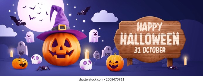 Dia das Bruxas Promoção Poster ou banner template.Halloween noite visto com grande Lua, Fantasma abóbora, Chapéu Mágico, fantasma bonito, crânio de desenho animado e halloween madeira sign board.Website spooky ou banner template