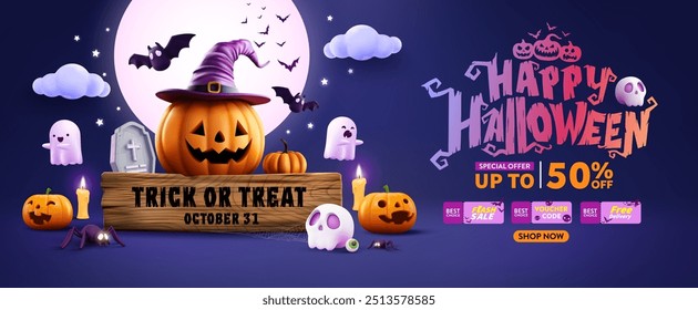 Halloween Promotion Poster oder Bannervorlage, Halloween Feier mit Kürbis Jack-O'-Laterne, Hexenhut, Geister und Spooky Decorations.Halloween Sonderrabatt Angebot auf dunklem Nachthimmel Hintergrund