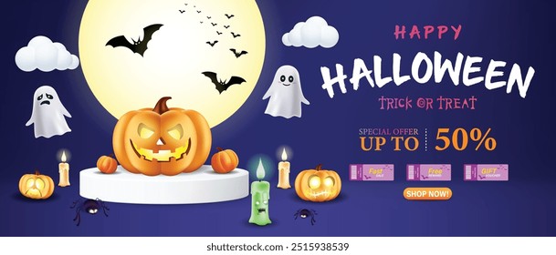 Halloween Promotion Poster or banner template,Halloween celebration with Pumpkin Jack-O'-Lantern,Witch Hat,Ghosts and Spooky Decorations.Halloween Special discount offer on dark night sky background