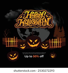 Halloween Promotion Poster or banner template,Halloween celebration with Pumpkin Jack-O'-Lantern,Witch Hat,Ghosts and Spooky Decorations.Halloween Special discount offer on dark night sky background v