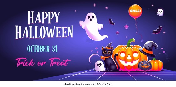 Halloween Promotion Poster. Happy Halloween holiday flyer. Spooky festive flyer. Halloween banner with Pumpkin, flying ghost, Wizard Hat, cartoon cat, balloons. Halloween holiday promo template 