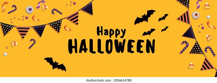 Halloween promotional banner with candies, flags, bat. vector image