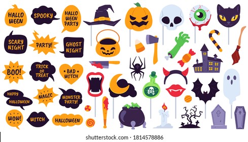 Halloween props. Holiday accessories speech bubbles with phrases, pumpkin, skull and devil hat. Spider, ghost and bat, broom vector icons. Halloween masquerade, party holiday set illustration