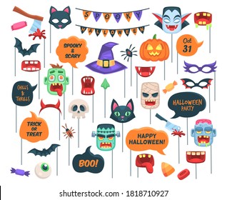 Halloween props. Photo booth requisite speech bubbles with text, chills and thrills, boo, trick or threat and holiday symbols zombie and witch hat, vampire, pumpkin and bat vector cartoon isolated set