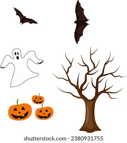 halloween props white ghosts, spooky pumpkins, barren trees and bats on a white backgroun