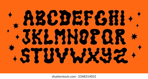 Halloween psychedelic alphabet with stars. Vector flat illustration. Floating groovy text