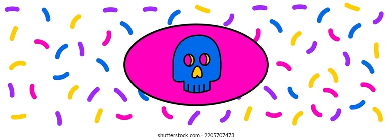 Halloween psychedelic horizontal banner template. Bright vector psychedelic illustration. Website banner with psychedelic skull