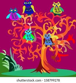 Halloween psychedelic picture with owls in trees. Vector illustration.