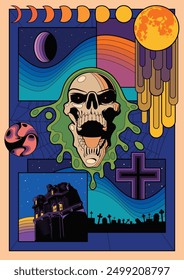 Halloween Psychedelic Poster. Happy Halloween Party, Event Placard, Cover, Illustration Vector Template. Colorful Abstract Objects - Skull, Haunted Mansion, Cemetery, Tombstones, Full Moon