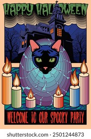 Halloween Psychedelic Poster. Happy Halloween Party, Event Placard, Cover, Illustration Vector Template. Colorful Abstract Objects. Haunted Mansion, Black Cat, Candles