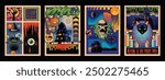 Halloween Psychedelic Poster Set. Happy Halloween Party, Event Placards, Invitations. Vector Templates for Halloween Covers, Illustrations, Posters. October 31 Colorful Abstract Objects