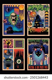 Halloween Psychedelic Poster Set. Happy Halloween Party, Event Placards, Invitations. Vector Templates for Halloween Covers, Illustrations, Posters. October 31 Colorful Abstract Objects