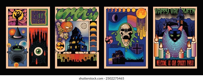 Halloween Psychedelic Poster Set. Happy Halloween Party, Event Placards, Invitations. Vector Templates for Halloween Covers, Illustrations, Posters. October 31 Colorful Abstract Objects