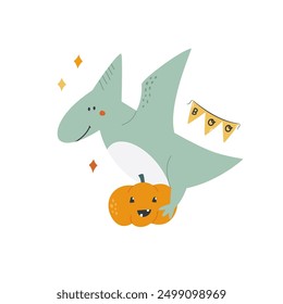 Halloween Pterodactyl Dinosaur Illustration, Spooky Dino with Jack-o-Lantern Pumpkin.