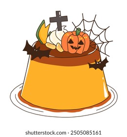 Halloween pudding featuring pumpkins, bats, cobwebs and spooky decorations. Perfect for seasonal themes and Halloween celebrations.