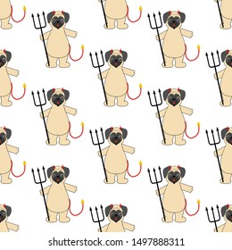 Halloween pug in devil costume seamless pattern on the white background. Vector illustration