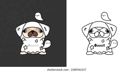 Halloween Pug Dog Clipart for Coloring Page and Multicolored Illustration. Adorable Clip Art Halloween Puppy. Cute Vector Illustration of a Kawaii Halloween Animal Character in a Ghost Costume.
